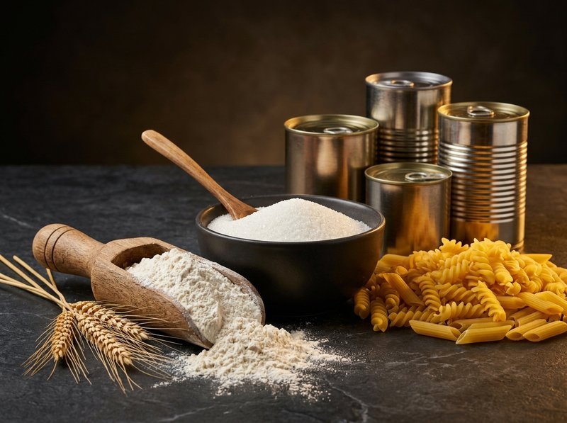 المواد الغذائية الأساسية والسكر والدقيق والمعلبات
